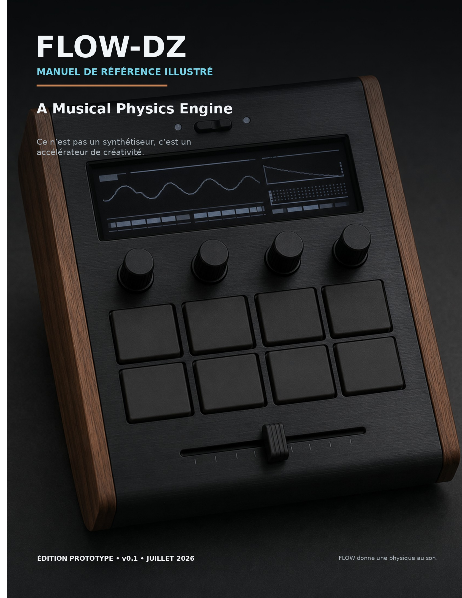 Rendu conceptuel sombre de l’instrument FLOW avec flancs bois, écran OLED, quatre encodeurs, huit boutons et fader A/B