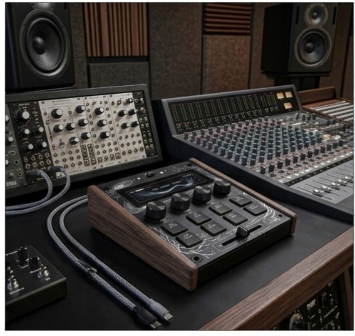 Visualisation conceptuelle de FLOW intégré dans un studio de musique électronique